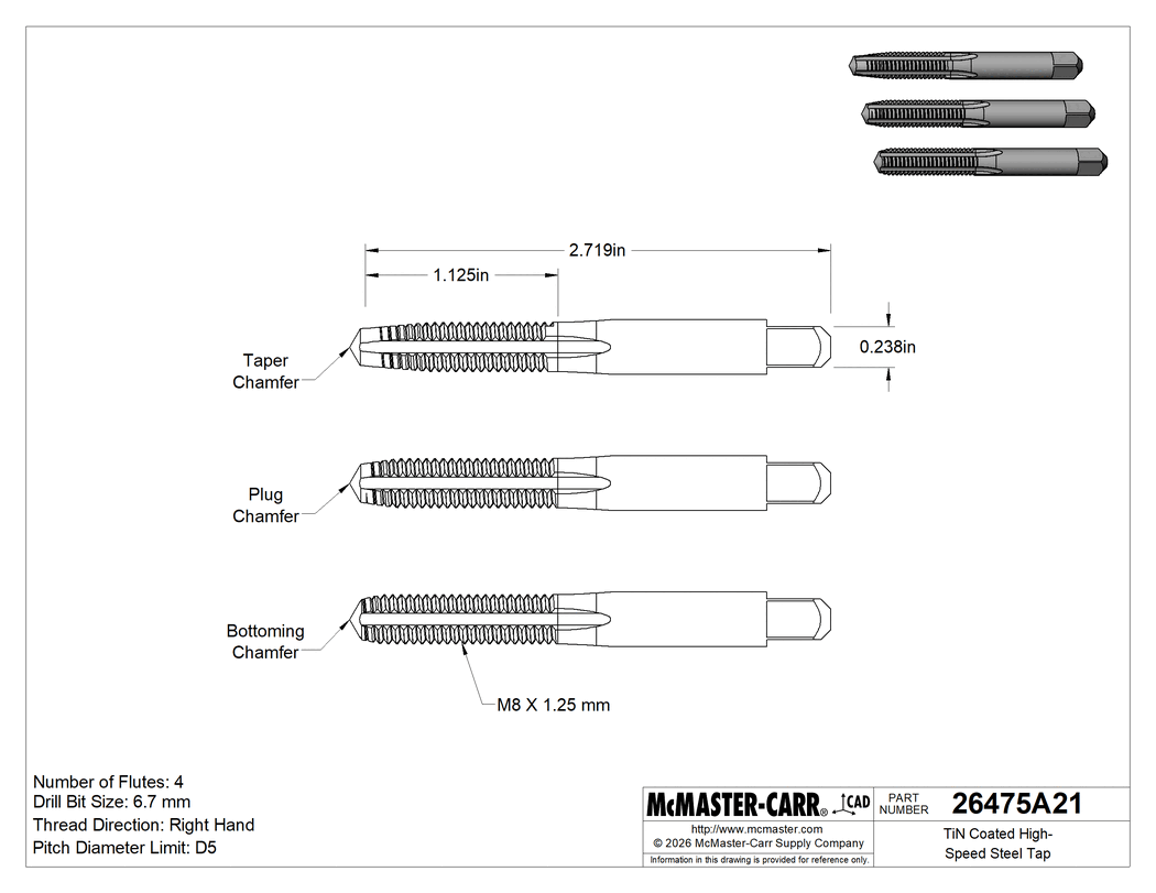 Technical Drawing of TiN Coated High-Speed Steel Tap, 3-Piece Set, M8 x 1.25 mm Thread Size.